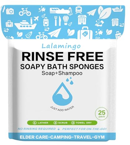 Disposable Rinse Free Bath Sponges, Body Wipes for Adults Bathing No Rinse, Soap Infused, Bath Sponge Wipes. Just Add Water Shower Wipe for Elderly, Camping, Hiking & Travel (25 Count 1 Pack)