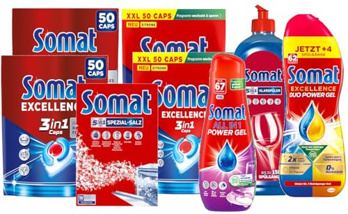 SOMAT Excellence 3in1 Caps 50 Stück (2 Pack) + Lemon 50 Stück (2 Pack) + Duo Power Gel 992 ml + Klarspüler 750 ml + Spezial-Salz 1,2 kg + Power Gel 67 AW – kraftvolle Reinigung, Kalkschutz und Glanz