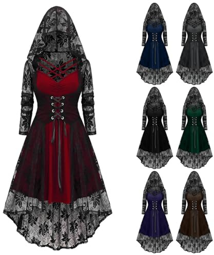 Damen Gothic Halloween Kleid Kostüm Karneval Kleider Für Frauen Festliches Renaissance Vintage Hexenkleid Party Dress Einfarbiges Langärmeliges Elegant Festliches Kleid Mit Spitzenband Und Kapuze