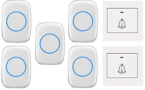 FHSLKXIM Sonnette sans Fil avec 5 Récepteurs, 2 Boutons Poussoirs, Kit Carillon Étanche Ip44 (Portée De 300 M), 36 Sonneries, 4 Niveaux De Volume, Indicateur LED, Blanc