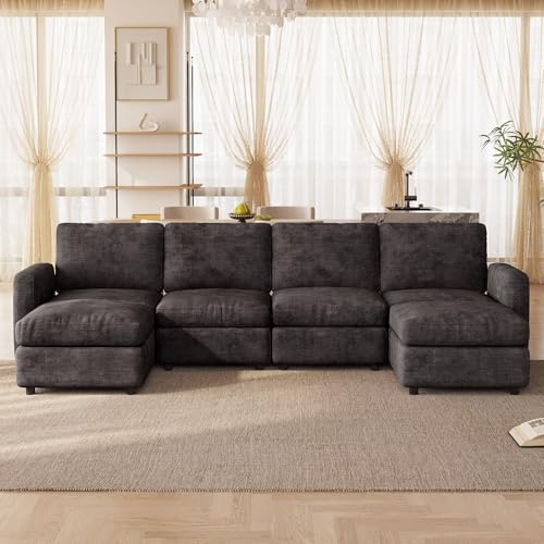 Guyii Modulares Sofa in Dunkelgrau, Eckcouch mit Schlaffunktion – Bequeme Sofas & Couches für Wohnzimmer, Vielseitige Schlafcouch mit weichem Stoff ((6 Sitzplätze (4 Sitze und 2 Ottomanen)))
