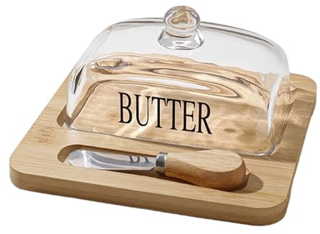 Mantequera con tapa de madera, 19,6 x 19 cm, mantequera con tapa hermética para mantequilla en la encimera de cocina, desayuno, picnic, cafetería