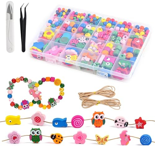 Culinavog Lot de 450 Perles en bois à enfiler,Perles bois Pour enfants à partir de 2,3,4 ans,formes de fleurs et d'animaux, Pince à épiler et 2 cordes perle en boisS pour bracelets, bijoux, colliers