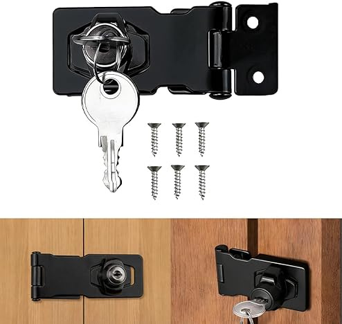 COAFTUG Keyed Hasp Lock 2.6 inch Hasp and Staple with Padlock Black Door Latch Hasps Twist Knob shed Door Locks Zinc Alloy Keyed Locking Gate Lock with Keys for Cupboard Cabinets Gate Wardrobe