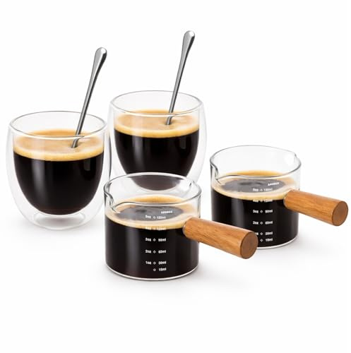 Espresso Cups Set of 4, 150ml Double Wall Glass Coffee Cups with Spoons | 2 of Espresso Shot Glasses, 2 of Measuring Cups, Clear Coffee Mug Set for Latte Cappuccino, Coffee Machine Accessories