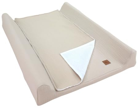 Wiklinopol Wickelauflage 50x70 cm Baby – 3in1 Set mit Abnehmbarem Musselin-Bezug (beige) Wickelunterlage Abwaschbar mit Umrandung + Wasserdichte Frottee-Wickeltischauflage für Unterwegs
