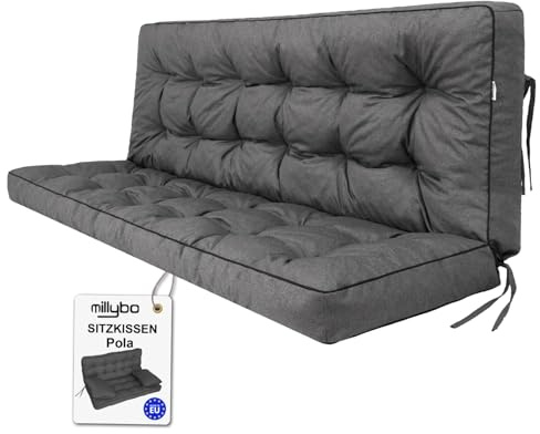 millybo Hollywoodschaukel Auflage Pola, Sitzkissen für Gartenschaukel, 100–180 cm, mit 2 Kissen (Graphit, 140 cm)
