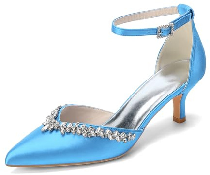 HFWXYSA Zapatos de Boda para Mujer Satén con Diamantes de Imitación Punta Puntiaguda Tacón de Aguja Sandalias Fiesta Noche,Sky Blue,39 EU