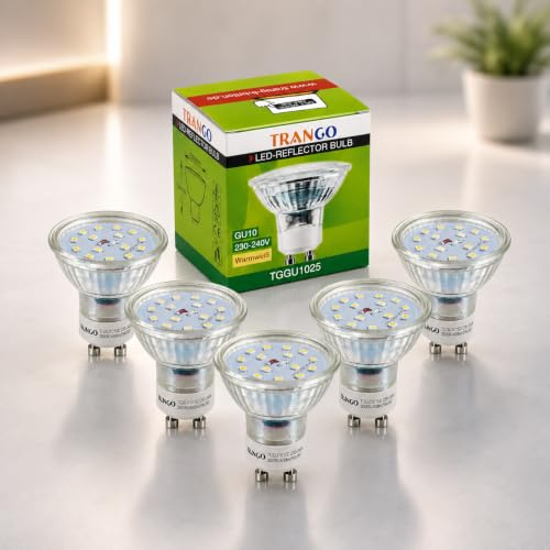 Trango 5er Pack 3-Stufen dimmbar GU1015SD*5 LED GU10 Leuchtmittel 5 Watt 3000K warmweiß ideal für Lampen mit GU10 Fassung, Einbauleuchten, Deckenstrahler, Einbaustrahler, Deckenlampen, Deckenleuchte
