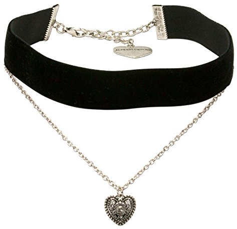 Alpenflüstern Trachten-Samt-Kropfband Trachtenherz-Kette - nostalgische Trachtenkette enganliegend, Kropfkette elastisch, Damen-Trachtenschmuck, Samtkropfband breit schwarz DHK211