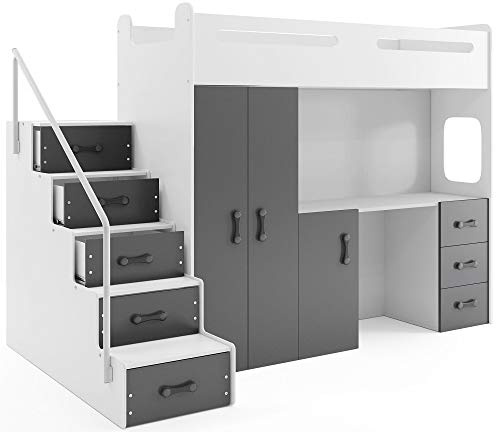Interbeds Etagenbett Hochbett MAX 4 Größe 200x80cm mit Schrank und Schreibtisch, Farbe zur Wahl inkl. Matratze (grau)