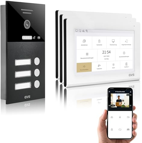 GVS IP Video Türsprechanlage 3 Familienhaus mit Türöffner 3X 7 Monitor | Smarte Video Türklingel mit Kamera und Monitor & App - Gegensprechanlage mit Türöffner (AVS1370U)