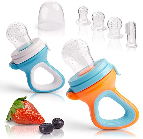iFancy 2 Fruchtsauger für Baby & Kleinkind + 6 Ersatz-Sauger in 3 Größen | Aus hygienischem Silikon - Sicher & BPA-frei | Beißring für Obst, Gemüse, Brei Beikost & Co. | Zahnungshilfe | Rot/Blau