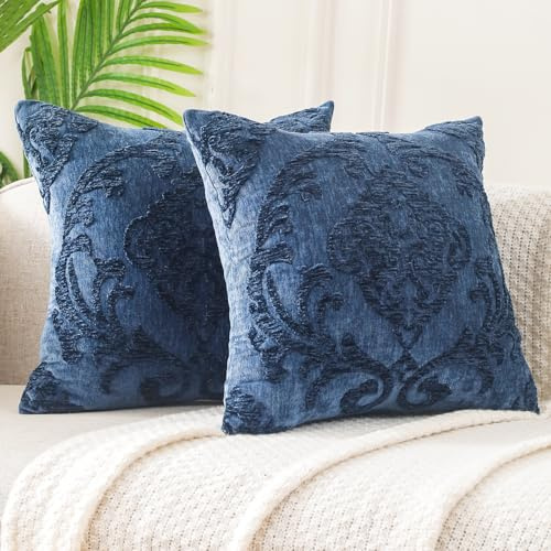 HPUK Throw Pillow Covers with Damask Embroidered Pattern, 18x18 inch, Pack of 2 European Retro Navy Blue Square Decorative Accent Cushion Covers for Living Room, Sofa | Faux cashmere polyester fabric, damask embroidery, hidden zipper, couch sofa chair decor, cushion covers, covers only