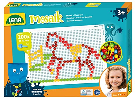 Lena 35628 - Mosaik Steckspiel Set, Steckmosaik mit 200 Stecker, Mosaikstecker Ø 10 mm, Mosaikspiel für Kinder ab 3 Jahre, Komplettset mit Steckplatte ca. 28 x 19,5 cm und Organizer, bunt