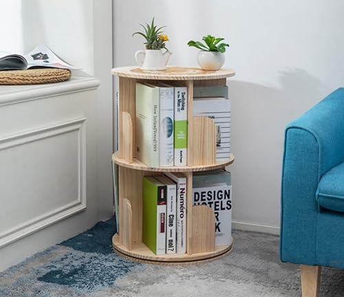Heehee Massivholz Drehbares Bücherregal - 360-Grad-Display, Bodenstehendes Lagerregal für Kinder und Erwachsene, Multifunktionaler Organizer (2-stöckig)
