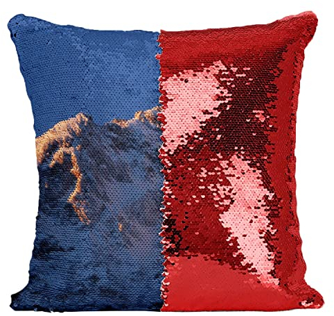 Cuscino con fodera in paillettes, colore: Rosso alba sulla montagna sotto una mezzaluna di luna