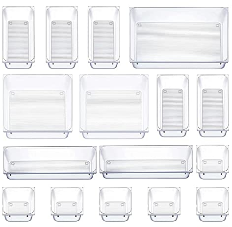 16stk Schubladen Ordnungssystem,Transparente Veranstalter mit 5 Größen, Make Up Organizer Schubladeneinsatz,Aufbewahrungsboxen,Schminktisch Organizer für Küchen, Badezimmer,Büro