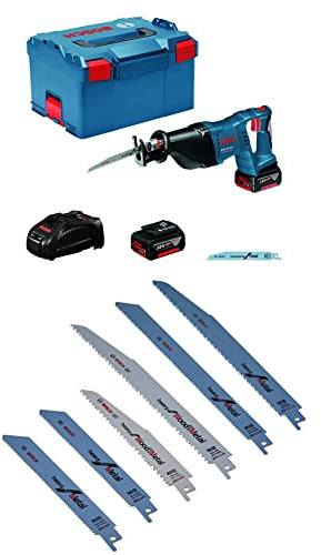 Bosch Professional 18V System Akku Säbelsäge GSA 18 V-LI (inkl. 2x5.0Ah Akku, Schnellladegerät, 2x Sägeblatt, L-BOXX 238) + 6tlg. Säbelsägeblatt-Set zum Sägen in Holz und Metall + Aufbewahrungsbox