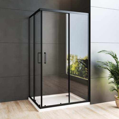 WDWRITTI Duschkabine Eckeinstieg 90x100x185cm mit Schiebetüren, Schwarz Schiebetür Eckdusche Duschabtrennung Duschschiebetür aus 6mm ESG Glas