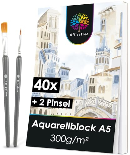 OfficeTree 40x Aquarellpapier A5 300g - Aquarellpapier Block inklusive 2 Pinsel - Aquarellblock A5 - Zeichenblock Aquarell Papier - Malblock - Aquarellfarben Papier - Watercolor Paper