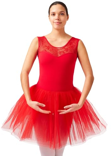tanzmuster Ballettkleid Mädchen Tutu - Lottie - weiche Baumwolle - Spitzeneinsatz - Ballettbody für Kinder Ballett Trikot rot, 116/122