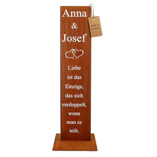 Rostikal Edelrost Spruchtafel 100 cm aus Cortenstahl – personalisierte Deko zur Hochzeit mit Namen & Herzmotiv – freistehendes Schild, handgefertigt in Bayern, Hochzeitsgeschenk