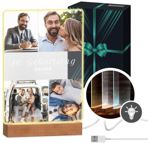Maverton beleuchteter LED-Rahmen mit Holzständer - personalisiertes Acryl Glasbild mit eigenem Foto mit LED-Beleuchtung - Glasfoto für Männer zum Geburtstag - Größe: 21x32x4,5cm - 40. Geburtstag