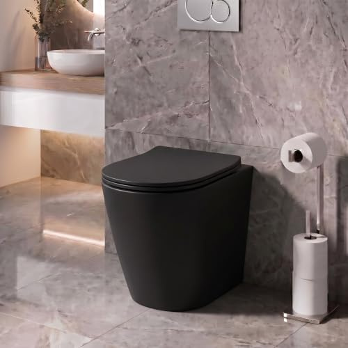 Affine® Modern Bathroom Cloakroom Back to Wall BTW Rimless Toilet Space Saving Small WC Toilets Soft Close Top Fix Seat D Shape Pan Ceramic, Matt Black