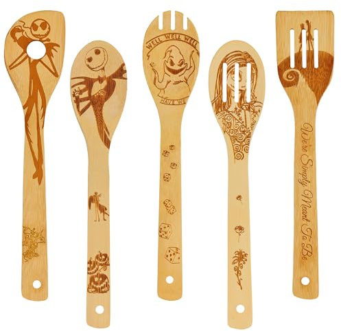 5-teiliges Nightmare geschnitztes Bambuslöffel-Set, gravierte Holz-Kochlöffel, Utensilien, Antihaft-Kochgeschirr, Gadget, Jack und Sally, Küchendekoration für Freunde, Familie, Hochzeit,