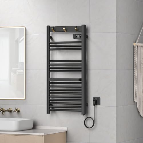 pro.tec Scaldasalviette Elettrico Bagno Scalda Asciugamani da Parete 105 x 50 cm Termoarredo Elettrico 500 W con Termostato Digitale Programmabile e 3 Ganci Ribaltabili - Nero