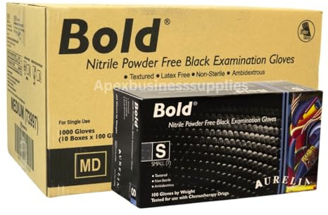 (10x100) Black Bold Nitrile Gloves Small Bulk Gloves Protection for Medical, Industrial - Latex-Free, Powder-Free - Ideal for Cleaning, Tattooing, Automotive More 1000 Small (10 Box)