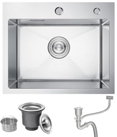 Bokaiya 304 Stainless Steel Kitchen Sink 55x45cm Brushed Nickel Single Bowl | Drop-in Topmount Install · 2 Tap Holes · Overflow & Siphon · Brushed Nickel 304 Stainless Steel Modern & Compact Basin Design