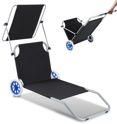 ISOISL Tumbona con Ruedas Plegable de Playa - 5 Posiciones, Respaldo Ajustable, 100 kg, para Piscina y Jardín, Color Negro