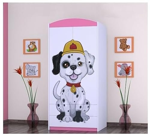 BDW - Kinder Kleiderschrank - Kinderschrank Super Hunde Motiv - Aufbewahrungsschrank für Jugendzimmer, Kinderzimmer - Drucke aus sicheren Farben - 187x88x54cm - Rosa - Hund Feuerwehrmann