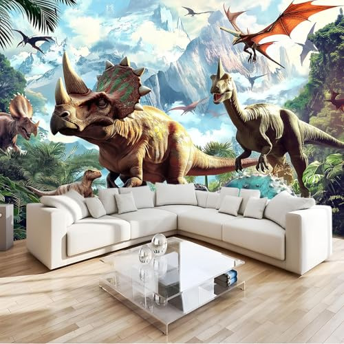 Fototapete 3D Dinosaurier Triceratops Flugsaurier 350x256 cm Vlies Tapeten Wandtapete Moderne Wanddeko Design Wand Dekoration Wohnzimmer Schlafzimmer