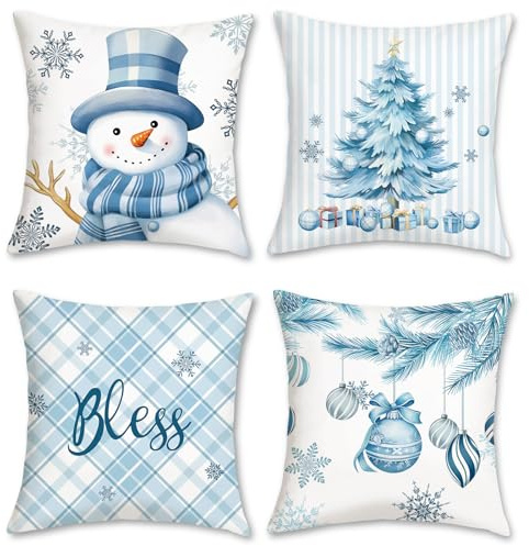 Bonhause 4er Set Kissenbezüge Winter 45 x 45 cm Schneemann Weihnachtsbaum Schneeflocken Blau Dekorative Kissenhülle Zierkissenbezüge für Sofa Zuhause Winter Dekoration