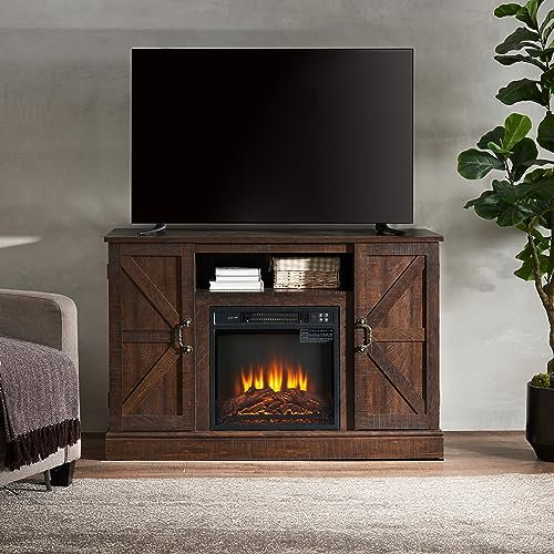 RAABYU Mueble de TV de Estilo rústico con Consola de Entretenimiento Antigua para TV de hasta 50 con Inserto de Chimenea eléctrica de 18 con Espacio de almacenamient