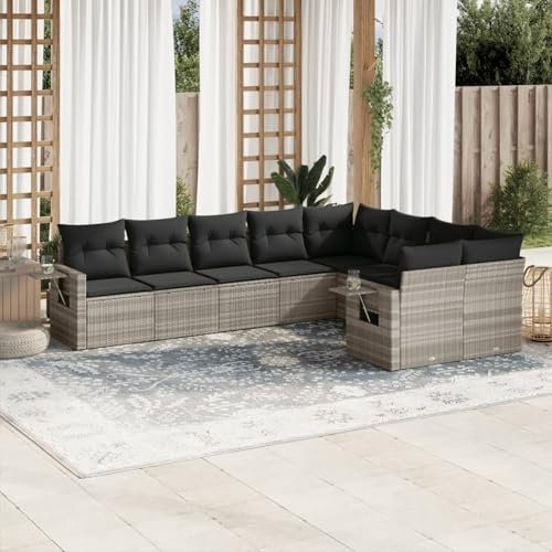 Homgoday 9-TLG. Garten-Sofagarnitur mit Kissen Gartenmöbel Balkonmöbel Gartenlounge Sofa Lounge Balkon Lounge Gartensofa Sitzgruppe Balkonsofa Gartenset Hellgrau Poly Rattan