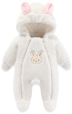 JiAmy Baby snödräkt sparkdräkt med huva vinterkläder pojkar flickor tecknad björn fleece jumpsuit vit kanin 0-3 månader