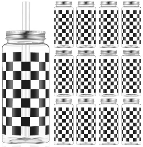 Patelai 12 Pack Race Car Cups 13.5 oz Plastic Tumbler with Lid and Straw | 13.5 oz Clear Plastic Tumbler, Checkered Flag Pattern, Reusable with Straw for Race Themed Birthday Sports Party Supplies