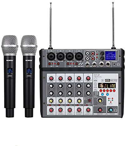 UHJKLA Portable 4-channel DJ Mixer, Professional Audio Mixer with 2 Wireless Microphone, can USB Bluetooth MP3 Reverberation Effect for Party Studio