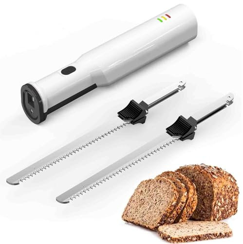 Cuchillo eléctrico para pan, cuchillo eléctrico inalámbrico recargable con 2 cuchillas de acero inoxidable de 8 pulgadas y botón de bloqueo de seguridad y botón de bloqueo de seguridad, tallar pan, ca