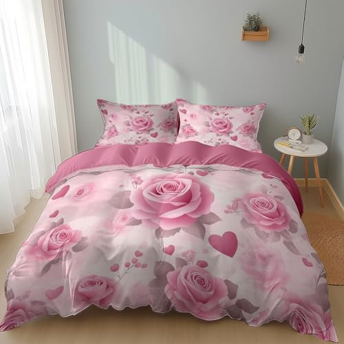 Set Copripiumino 200 x 200 cm Stampa Pianta di Rosa a Forma di Cuore, Biancheria di Lusso in Qualità da Hotel Morbida e Leggera, Copripiumino con Pianta Fiori Piumone con Chiusura a Cerniera