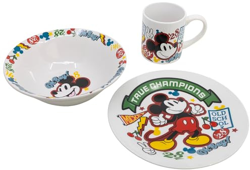STOR Set Vajilla Infantil Mickey Mouse - Plato, Cuenco y Taza de Cerámica - Juego Completo en Caja Regalo para Niños y Niñas