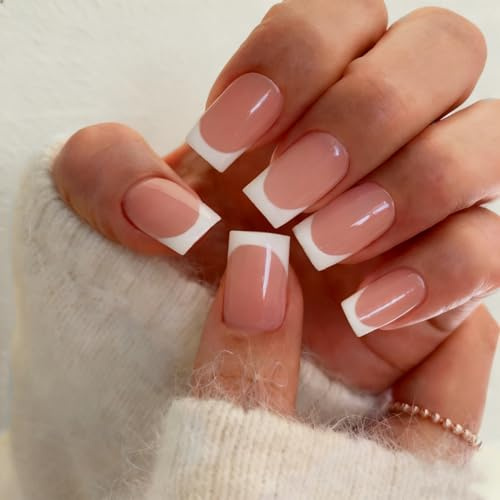 KQueenest Soft Gel Press On Nails French Tip - 30 Stück Weiß Nägel zum Aufkleben Kurz Eckig, Natürlich Fake Nails Künstliche Fingernägel, Glänzende Acryl Full Cover French Nägel für Frauen