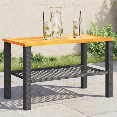 LVHUIDEH Gartentisch Schwarz 70x38x42 cm Poly Rattan Akazienholz