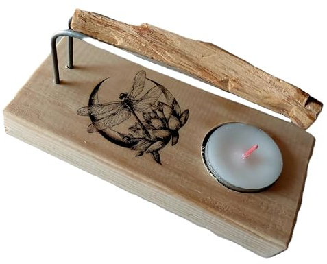 YA-DECOREGALOS Quemador DE Palo Santo/Incienso O Atados Artesanal Hecho A Mano Base DE Madera Natural con Varillas METALICAS, Palo Santo Y VELITA DE TE Incluidas Imagen Flor DE Loto