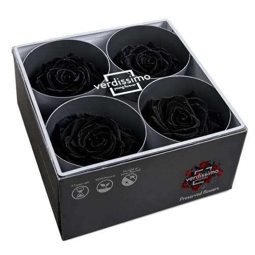 Box 2x2 Rose Stabilizzate Made in Italy - Disponibile in Diversi Colori - 4 Rose Eterne Fiori Stabilizzati - Elegante Bouquet di Fiori Veri | Idea Regalo e Decorazioni (4 Nere)