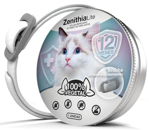 Zenithia Collar Repelente de Insectos, Collar Antipulgas Gatos, Garrapatas y Mosquitos -12 Meses Protección-65cm-Ajustable-100% Vegetal-Impermeable-X1 Und (Gatos)
